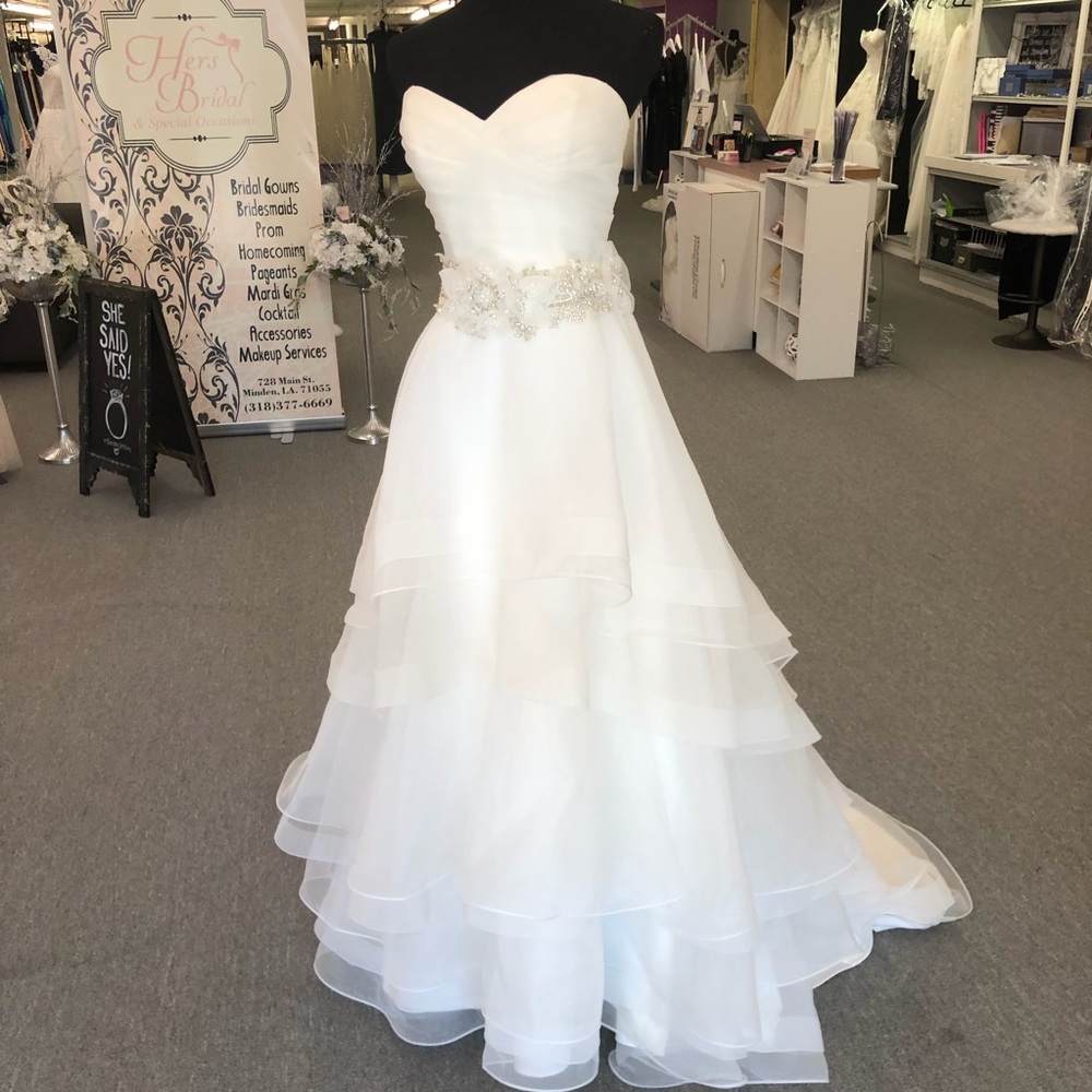 Strapless White Layered Organza Wedding Dress with Beaded Waist